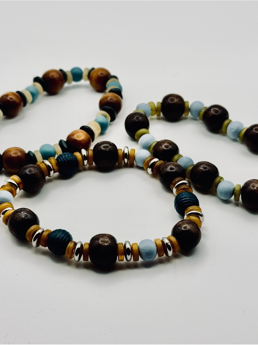 Hand Crafted Teal, Light Blue & Brown Beaded Bracelet Set